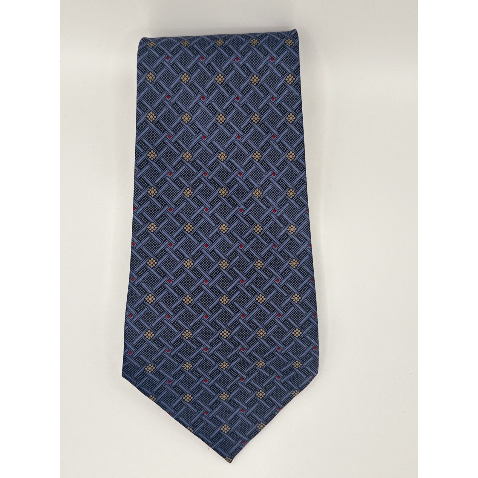 Rene Chagal Mens Silk Tie Blue Gold Geometric Basketweave Handmade 4 Inch Width